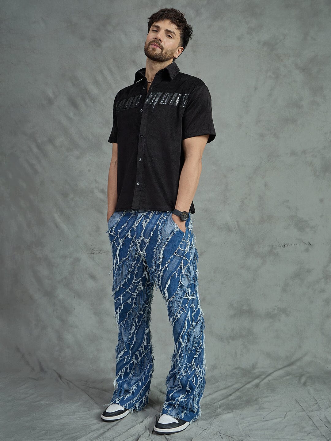 Black Corduroy Pu Applique Short Sleeves Shirt