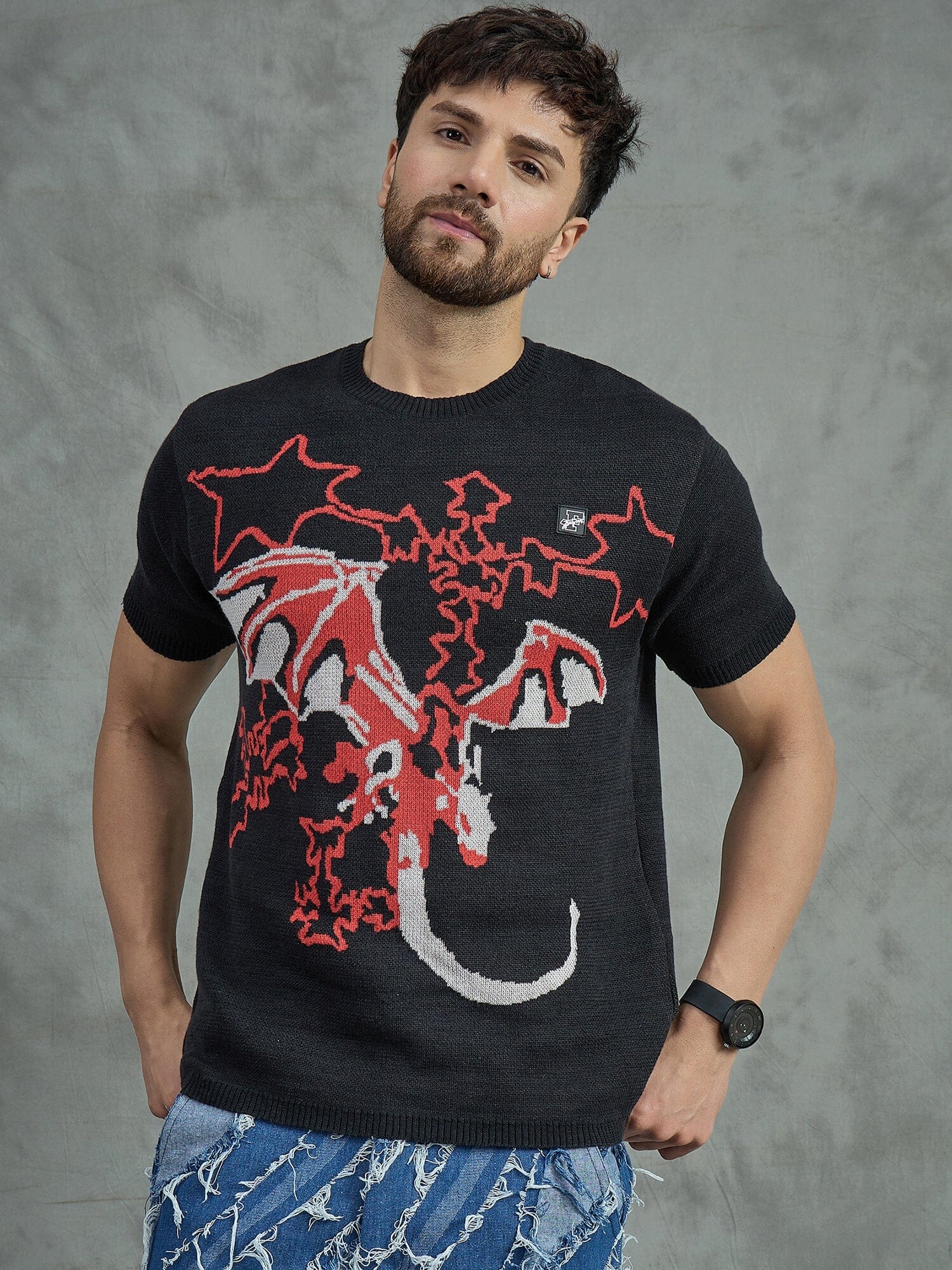 Black Bat Graphic Knitted Tshirt