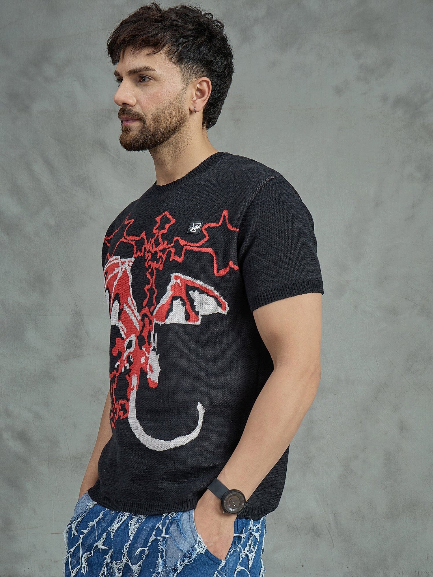 Black Bat Graphic Knitted Tshirt