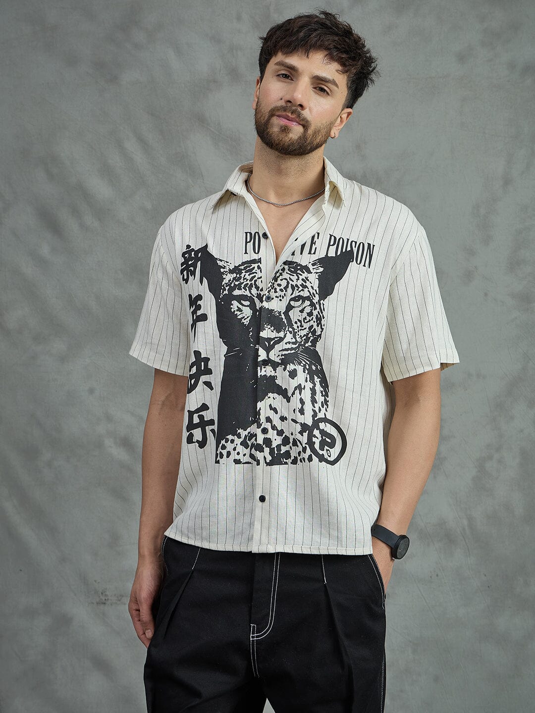 Ecru Cheetah Graphic Short Sleeves Shirt