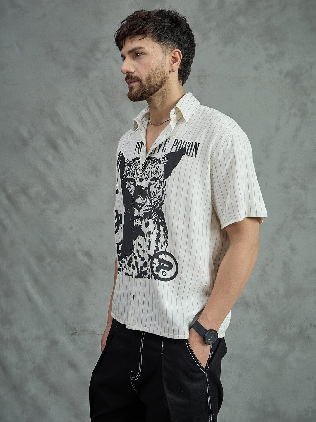 Ecru Cheetah Graphic Short Sleeves Shirt