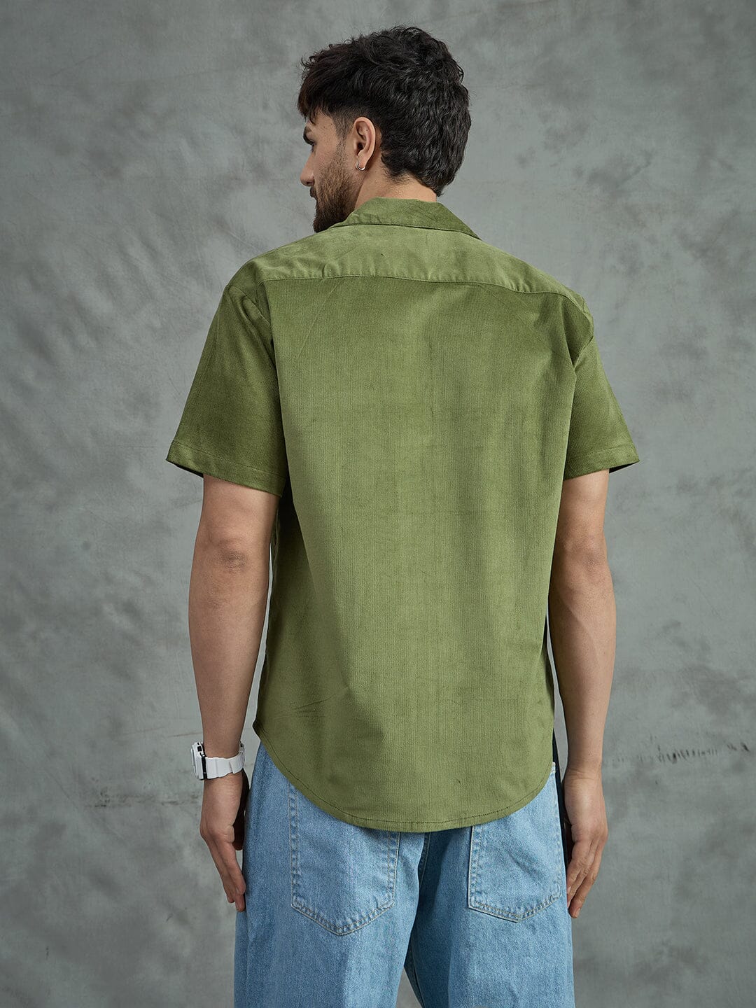 Khaki Embroidery Corduroy Cuban Shirt