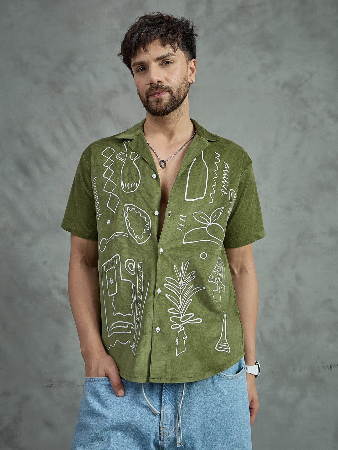 Khaki Embroidery Corduroy Cuban Shirt
