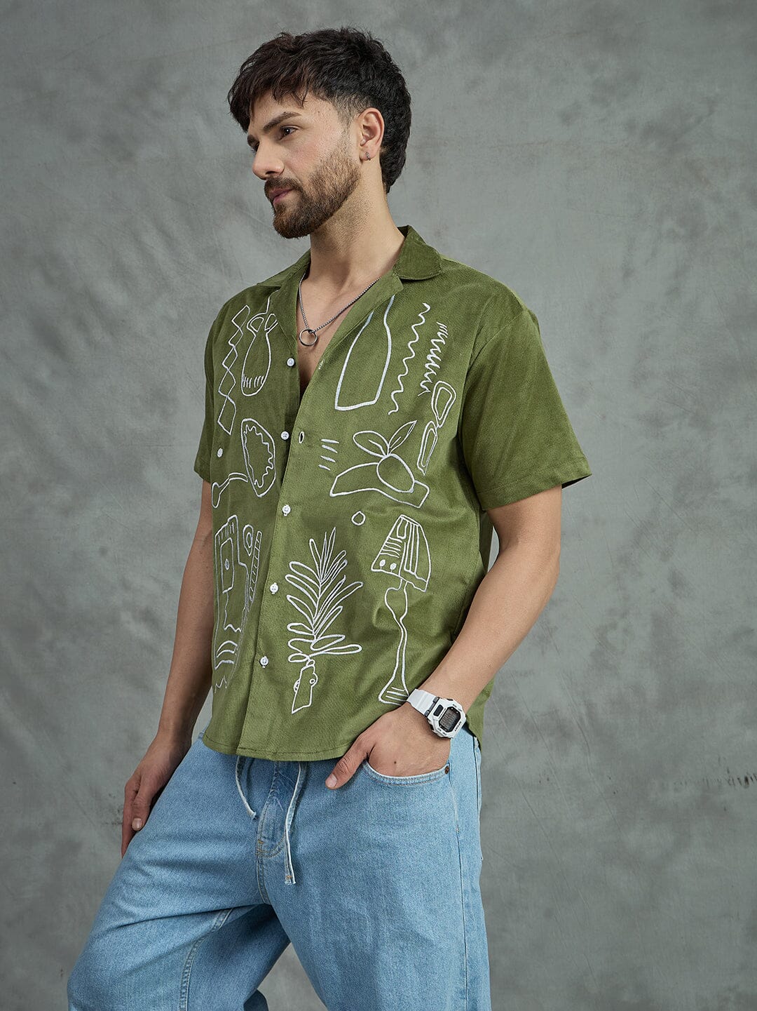 Khaki Embroidery Corduroy Cuban Shirt
