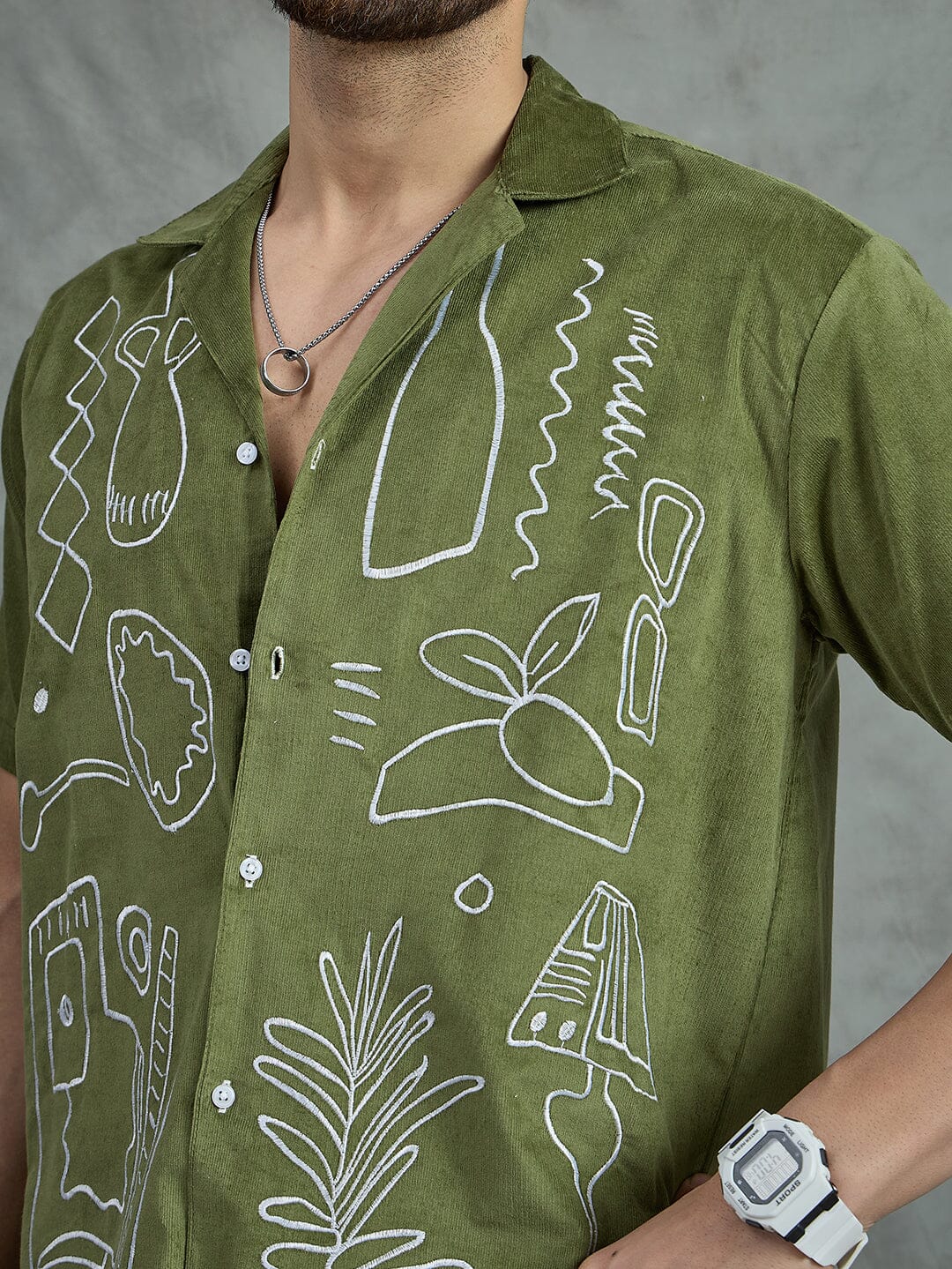 Khaki Embroidery Corduroy Cuban Shirt