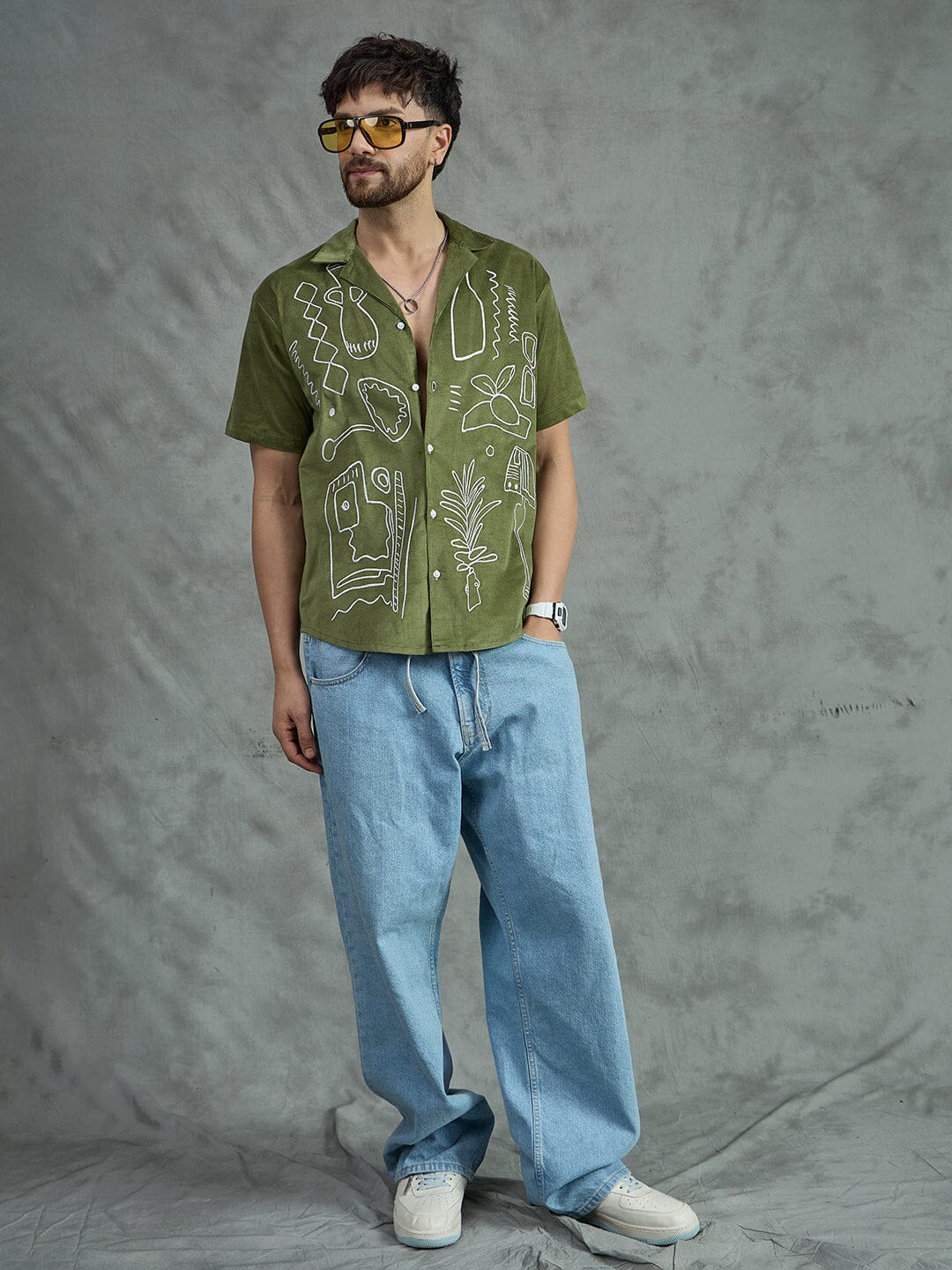 Khaki Embroidery Corduroy Cuban Shirt