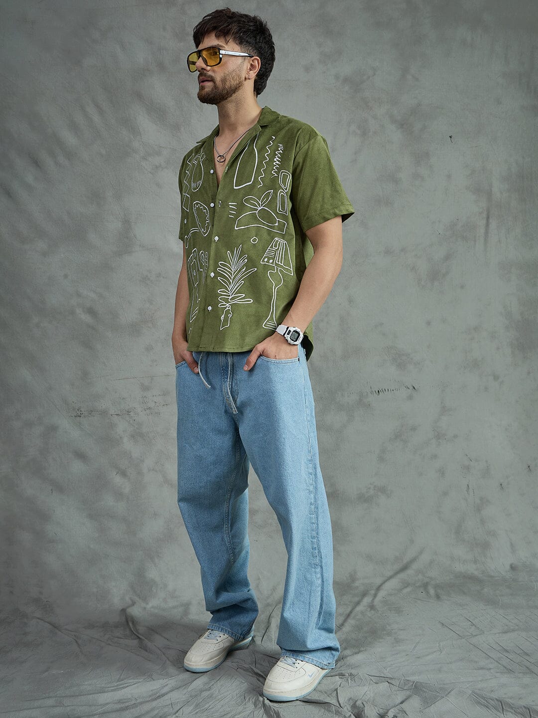 Khaki Embroidery Corduroy Cuban Shirt