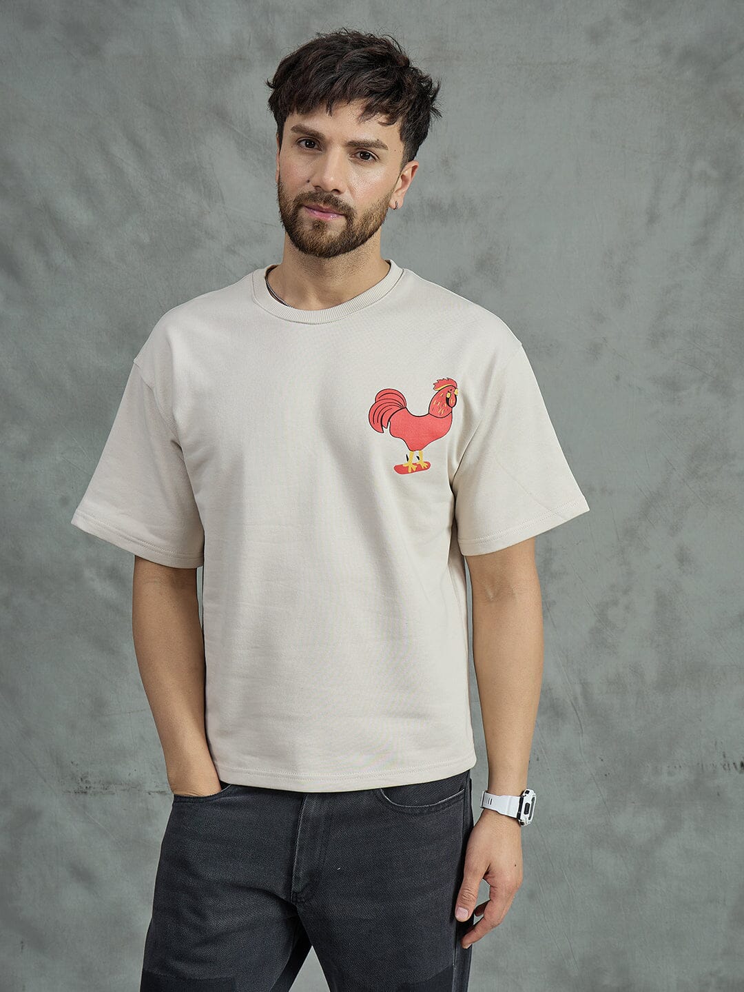 Ecru Rooster Graphic Oversized Tshirt