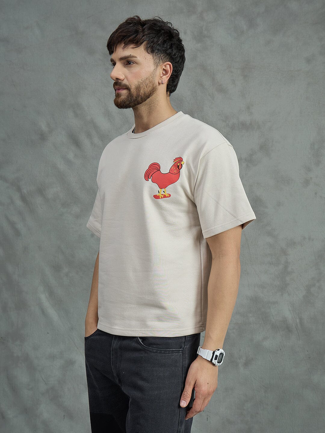 Ecru Rooster Graphic Oversized Tshirt
