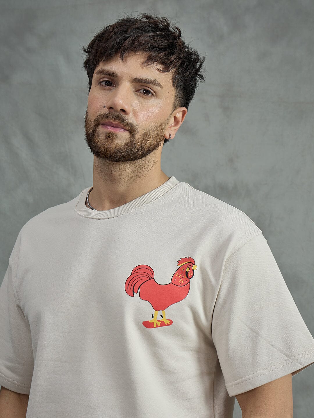 Ecru Rooster Graphic Oversized Tshirt