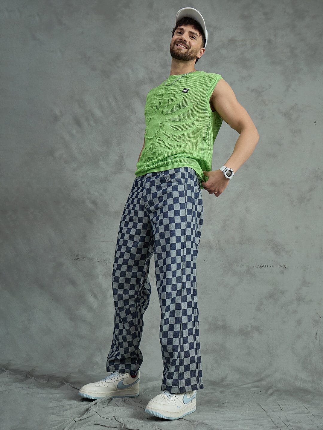 Indigo Checkered Baggy Japanese Cropped Denim