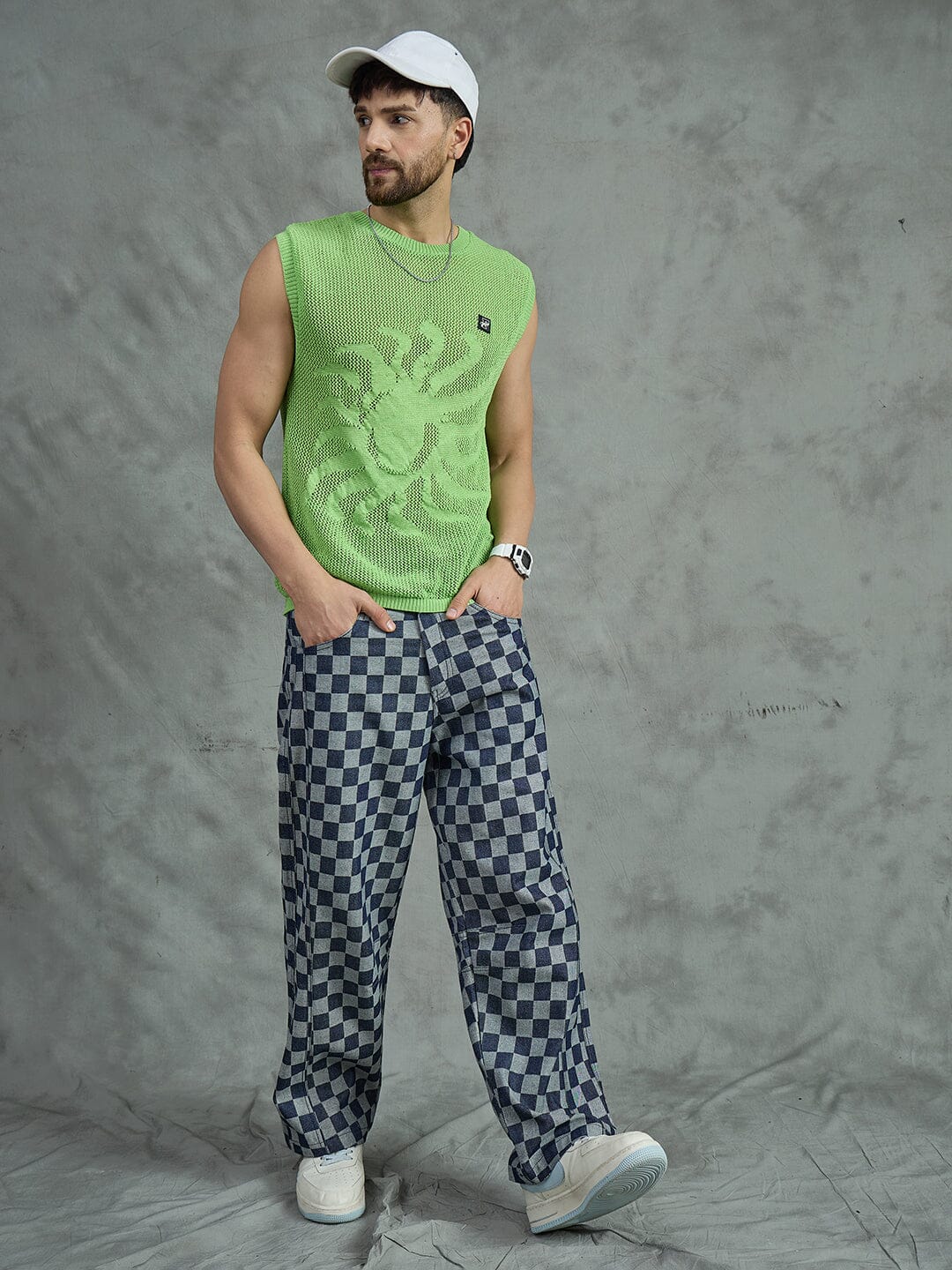 Indigo Checkered Baggy Japanese Cropped Denim