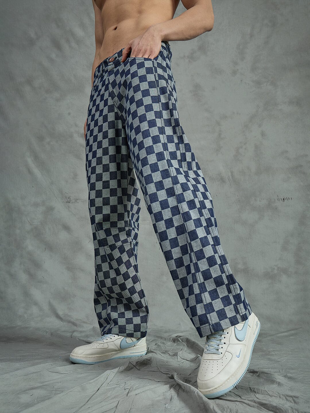 Indigo Checkered Baggy Japanese Cropped Denim