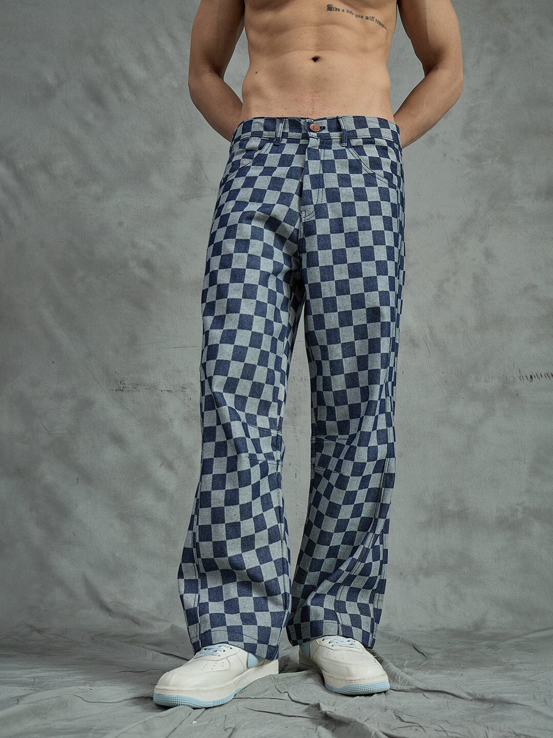 Indigo Checkered Baggy Japanese Cropped Denim