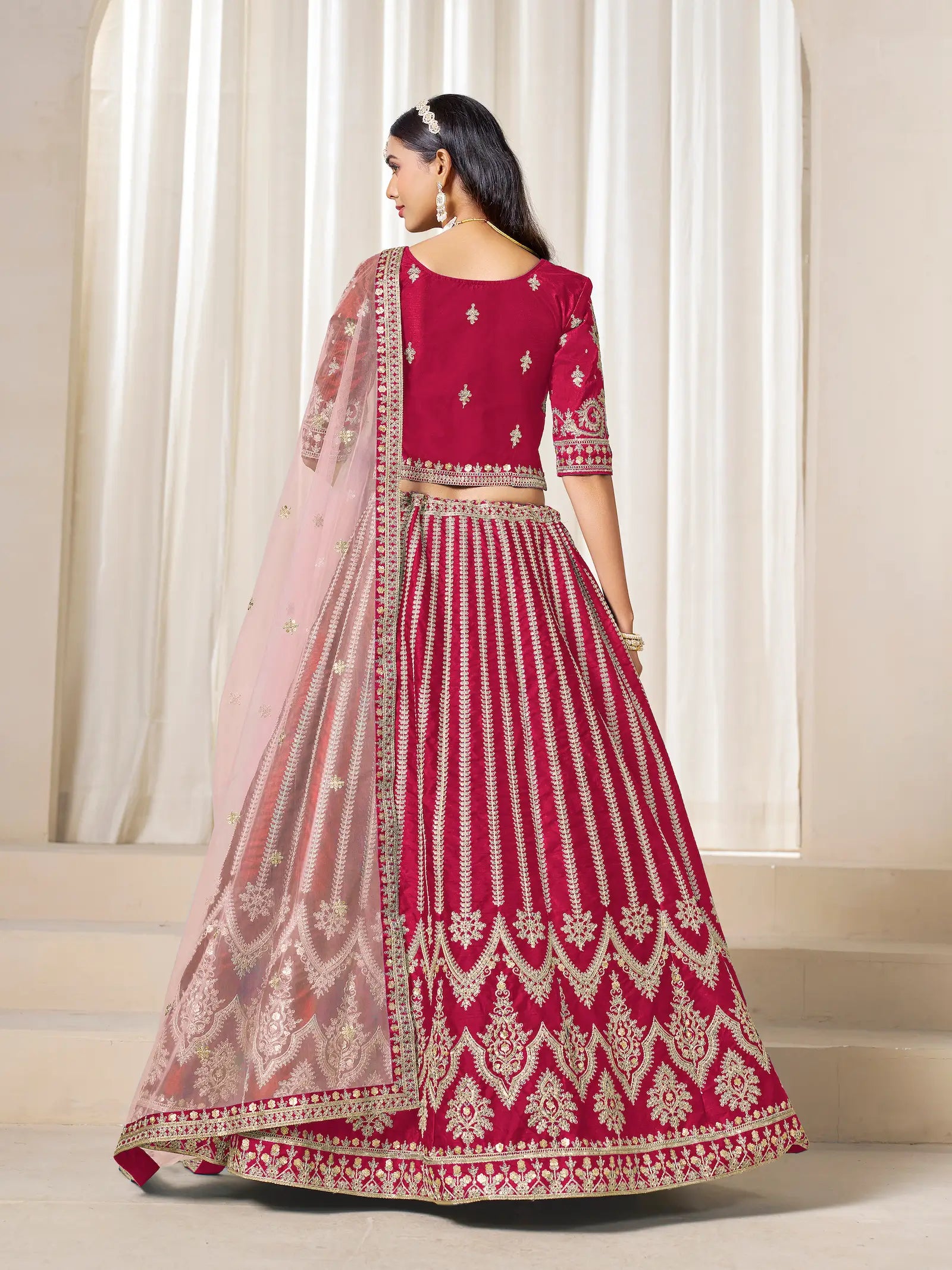 Red Art Silk Thread & Sequins Embroidery Lehenga Choli - qivii