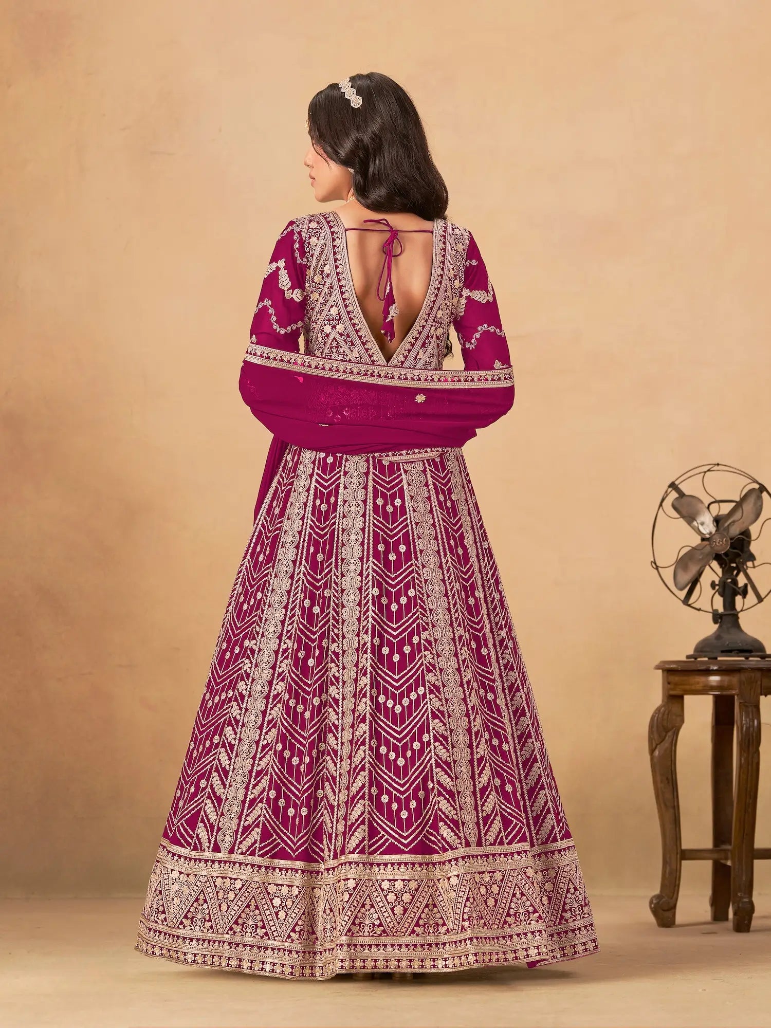 Dark Fuchsia Georgette Embroidery Work Gown
