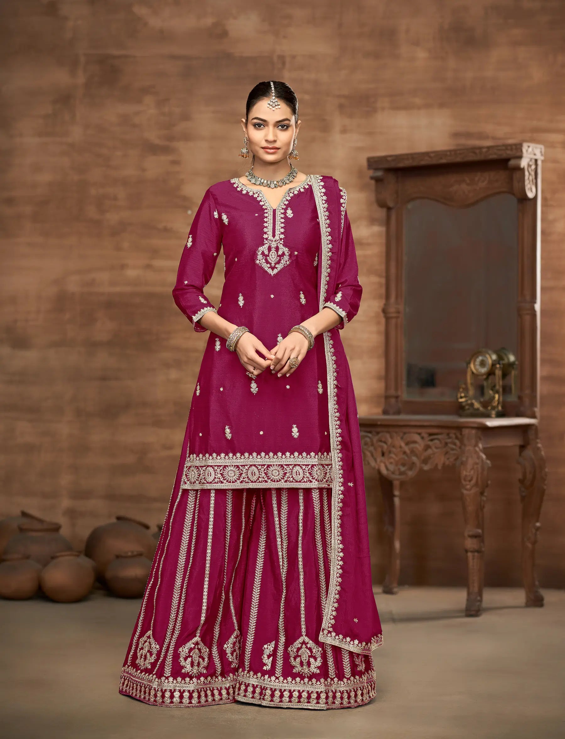 Dark Pink Chinon Palazzo Salwar Suit With Thread & Sequins Embroidery Work - qivii