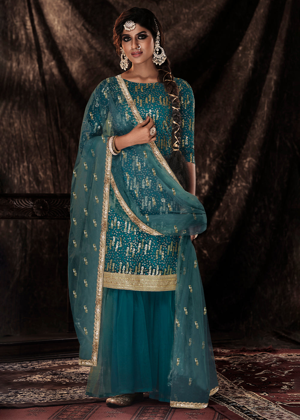 Dark Firozi Blue Designer Soft Net Sharara Suit with Sequin work - qivii