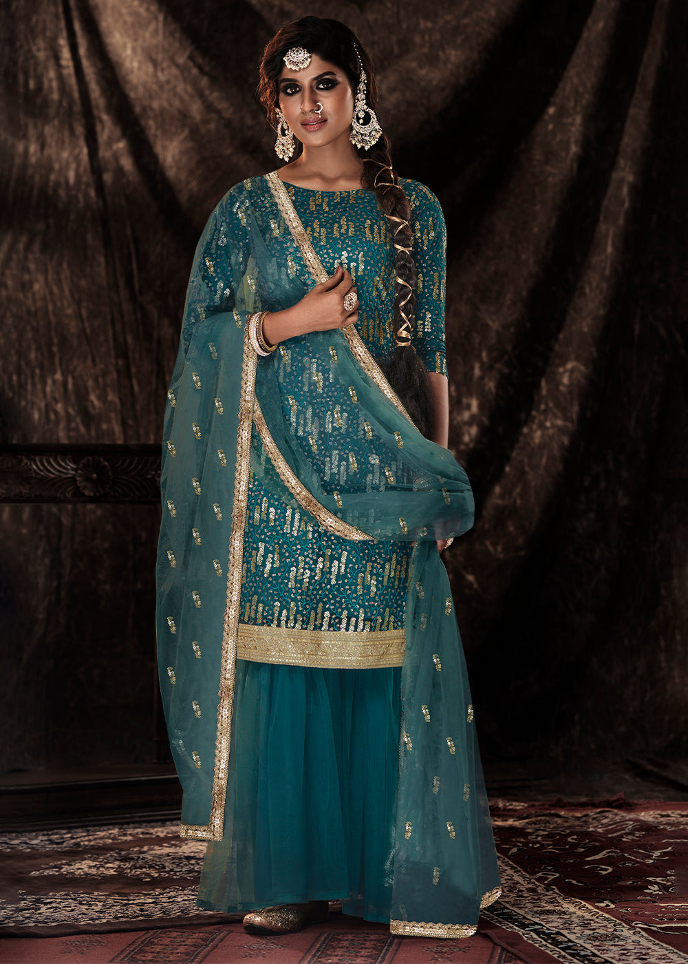 Dark Firozi Blue Designer Soft Net Sharara Suit with Sequin work By Qivii