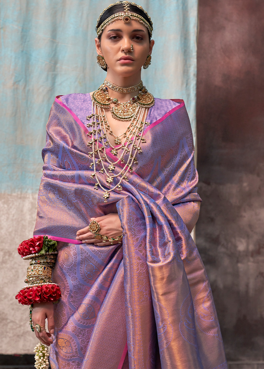 Iris Purple Two Tone Kanjivaram Silk Saree Embellished with Intricate Gold Zari work - qivii
