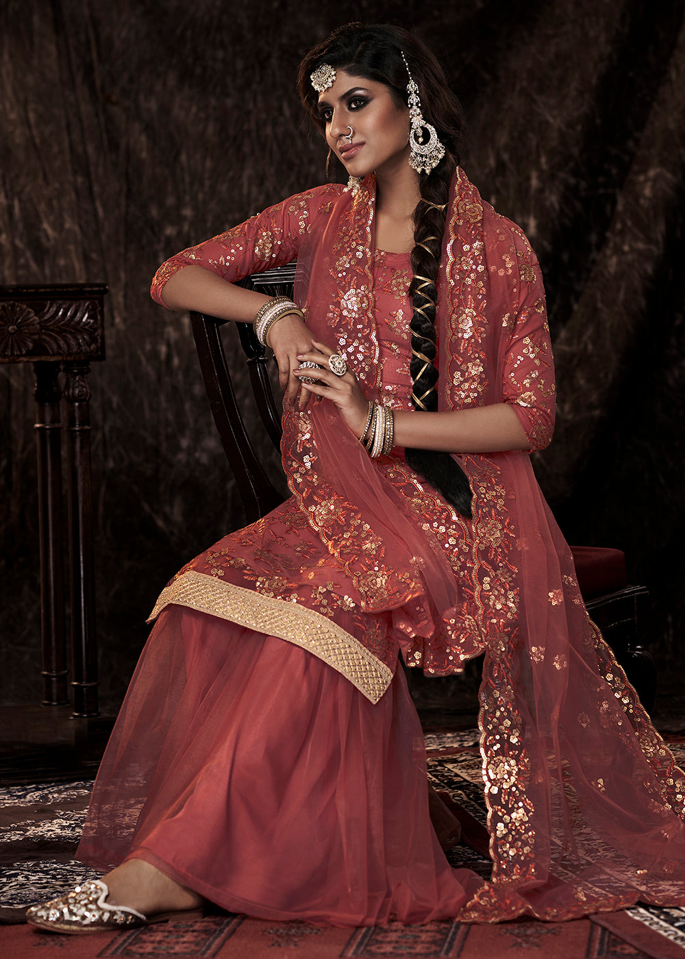 Chestnut Brown Designer Soft Net Sharara Suit with Sequin work - qivii