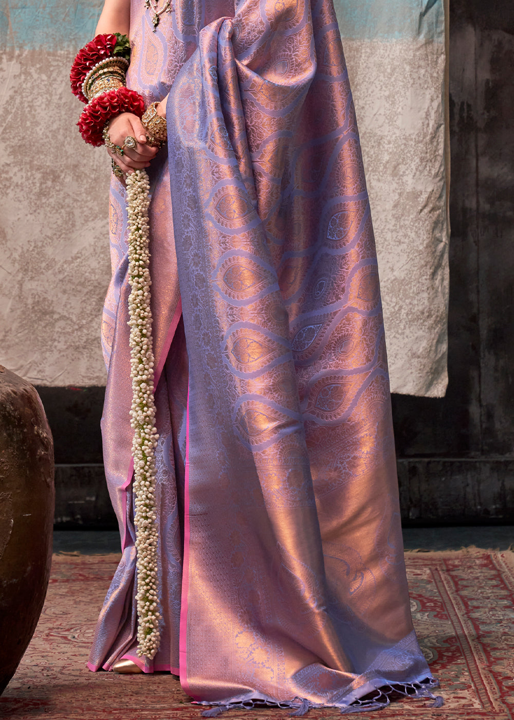 Iris Purple Two Tone Kanjivaram Silk Saree Embellished with Intricate Gold Zari work - qivii