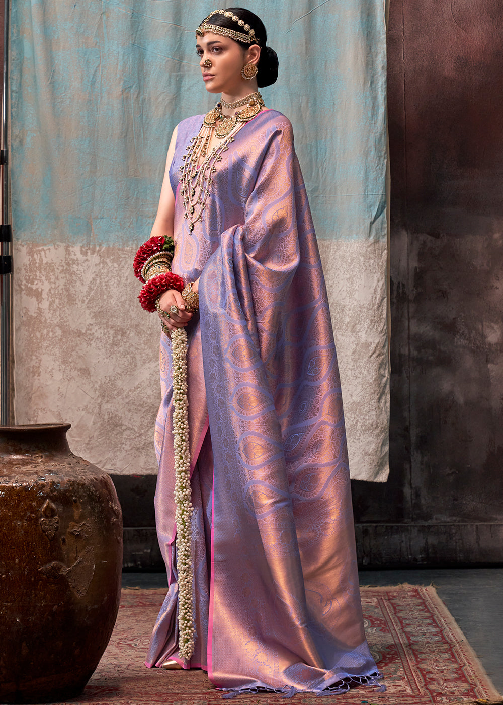 Iris Purple Two Tone Kanjivaram Silk Saree Embellished with Intricate Gold Zari work - qivii