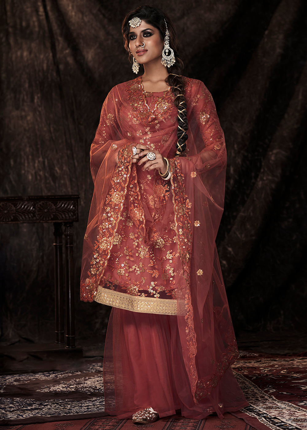 Chestnut Brown Designer Soft Net Sharara Suit with Sequin work - qivii
