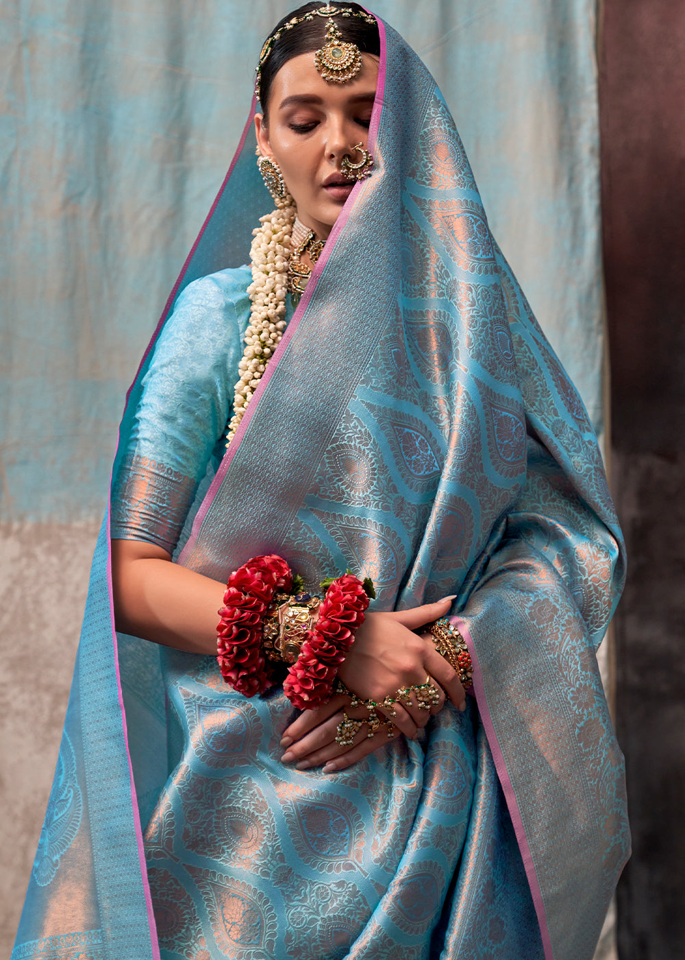 French Blue Two Tone Kanjivaram Silk Saree Embellished with Intricate Gold Zari work - qivii