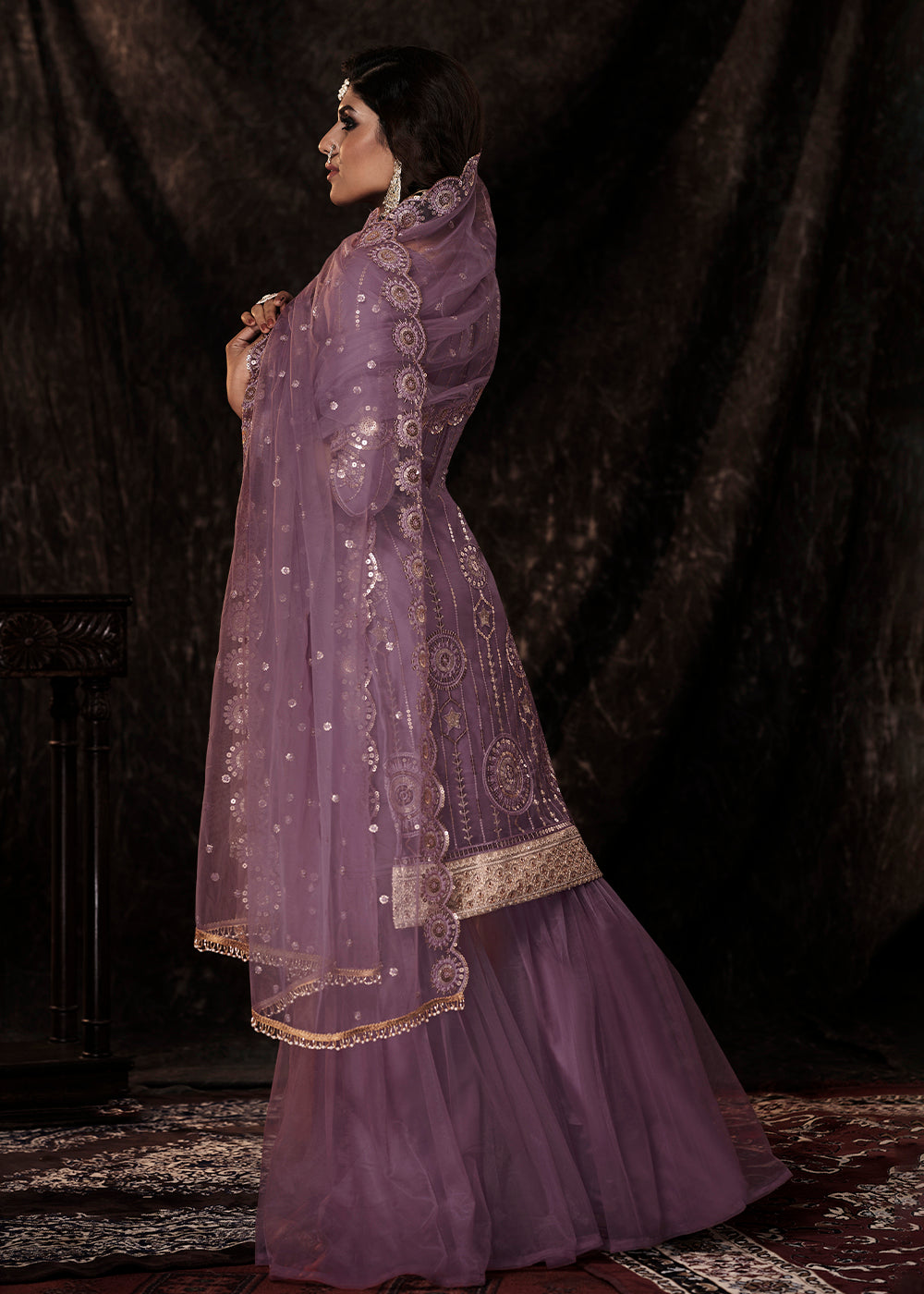 Royal Purple Designer Soft Net Sharara Suit with Sequin work - qivii