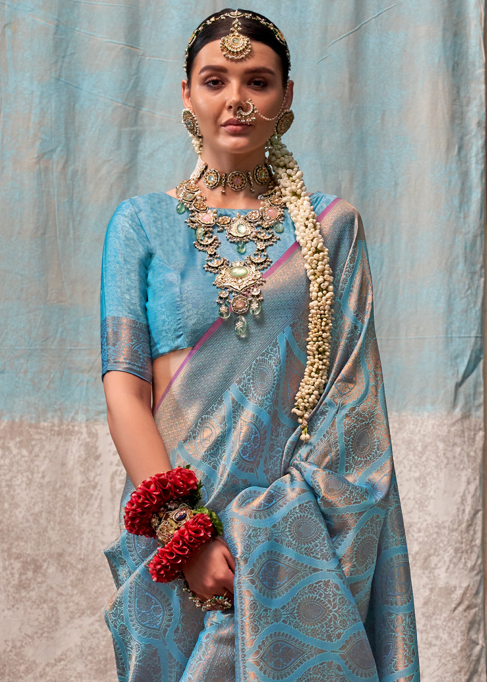 French Blue Two Tone Kanjivaram Silk Saree Embellished with Intricate Gold Zari work - qivii
