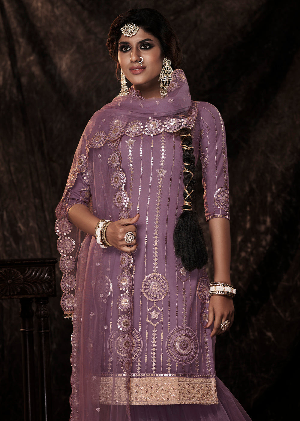 Royal Purple Designer Soft Net Sharara Suit with Sequin work - qivii
