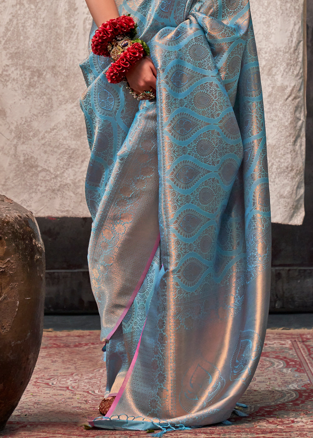 French Blue Two Tone Kanjivaram Silk Saree Embellished with Intricate Gold Zari work - qivii