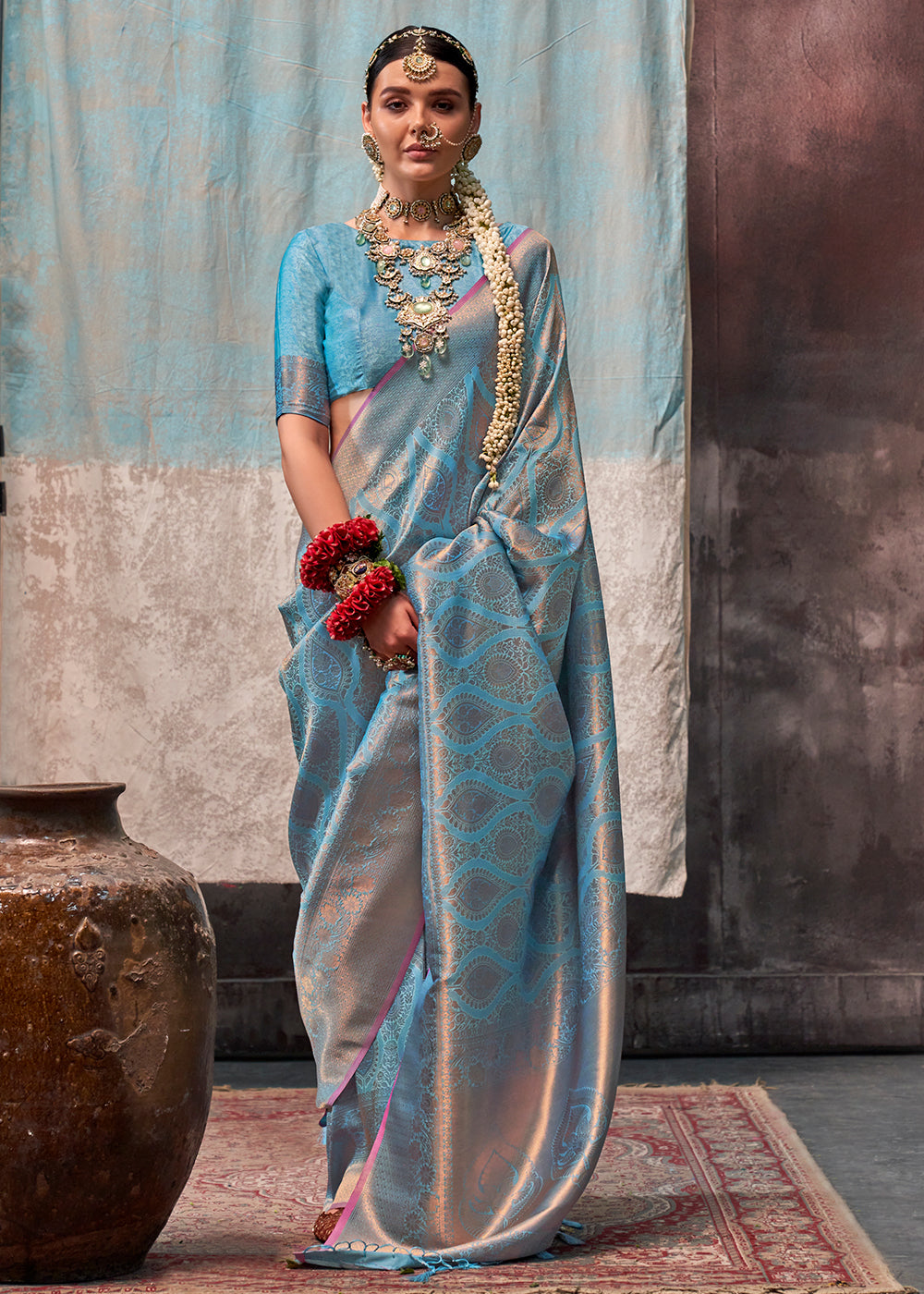French Blue Two Tone Kanjivaram Silk Saree Embellished with Intricate Gold Zari work - qivii