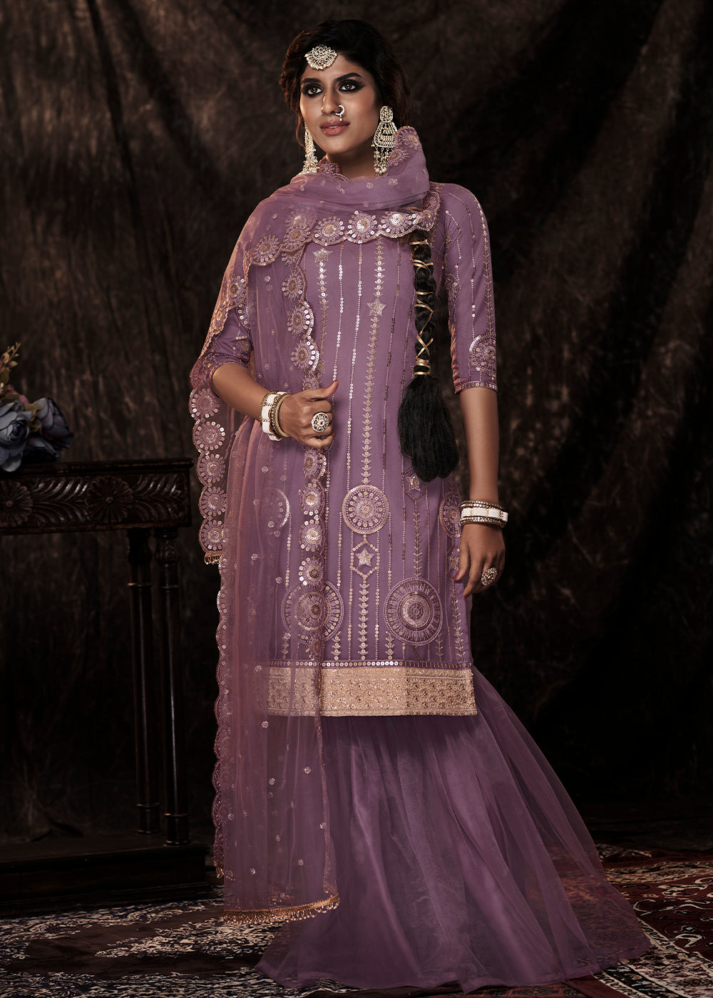 Royal Purple Designer Soft Net Sharara Suit with Sequin work - qivii
