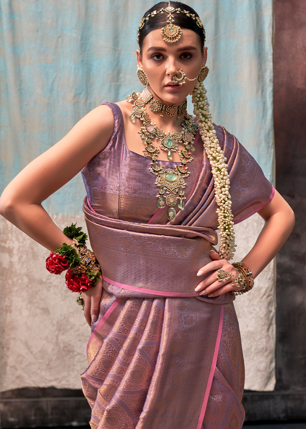 Rich Purple Kanjivaram Silk Saree with Intricate Gold Zari work - qivii