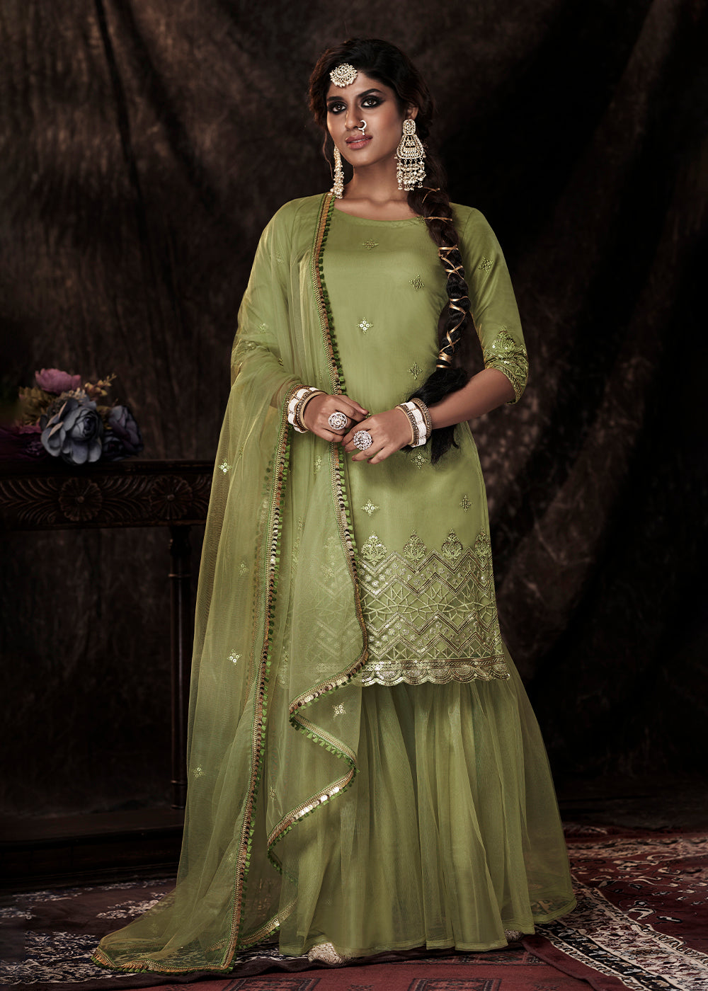 Pistachio Green Designer Soft Net Sharara Suit with Sequin work By Qivii