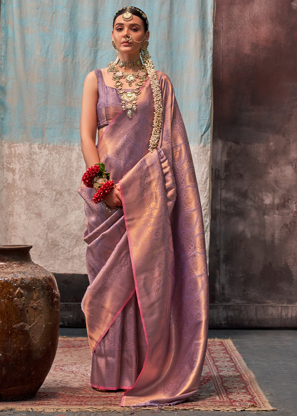 Rich Purple Kanjivaram Silk Saree with Intricate Gold Zari work - qivii