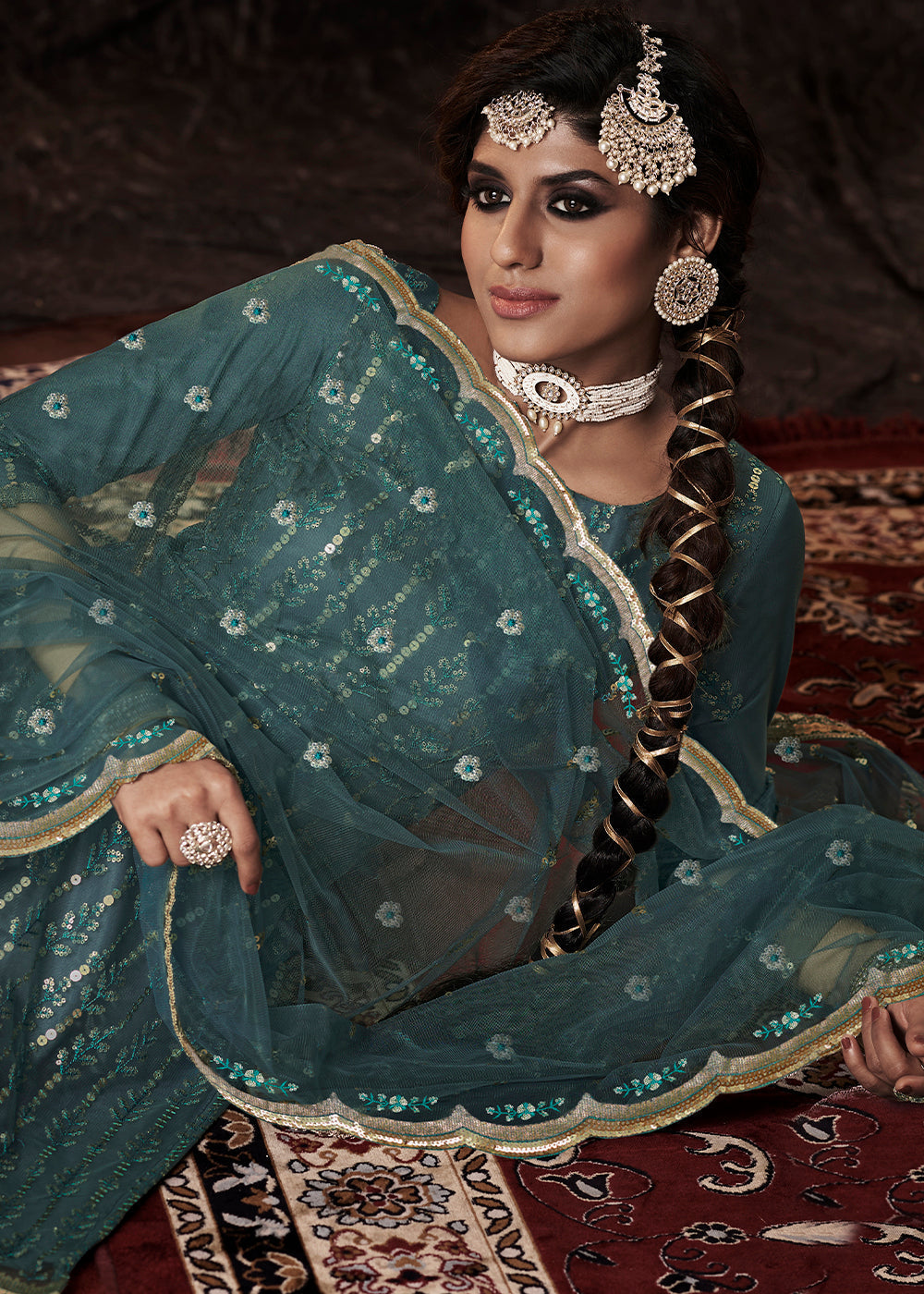 Cyprus Green Designer Soft Net Sharara Suit with Sequin work - qivii