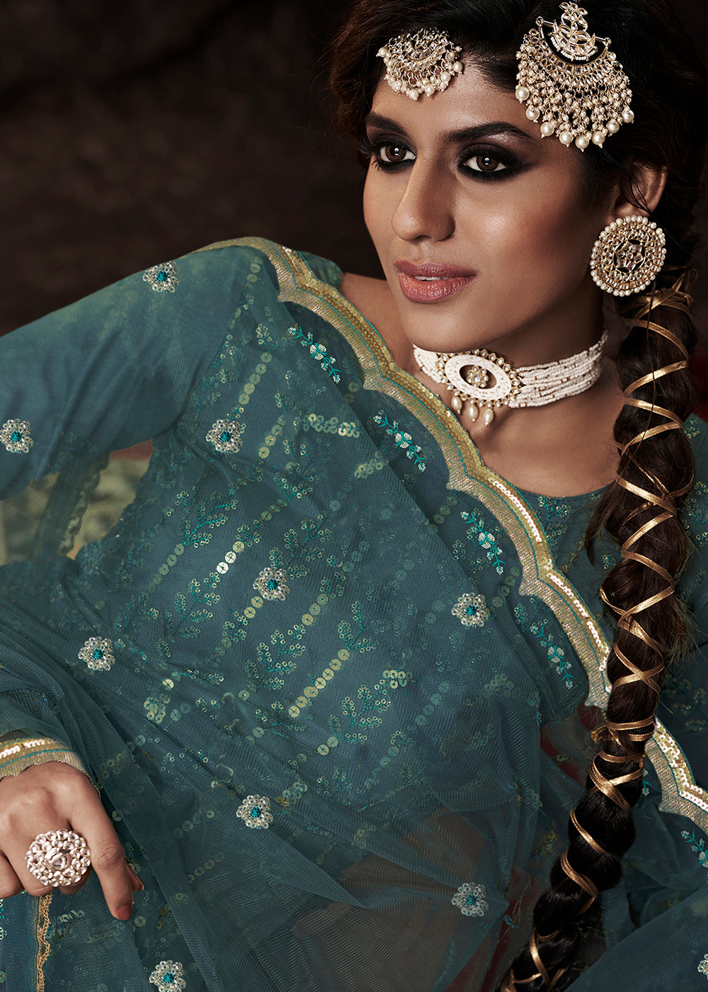 Cyprus Green Designer Soft Net Sharara Suit with Sequin work - qivii