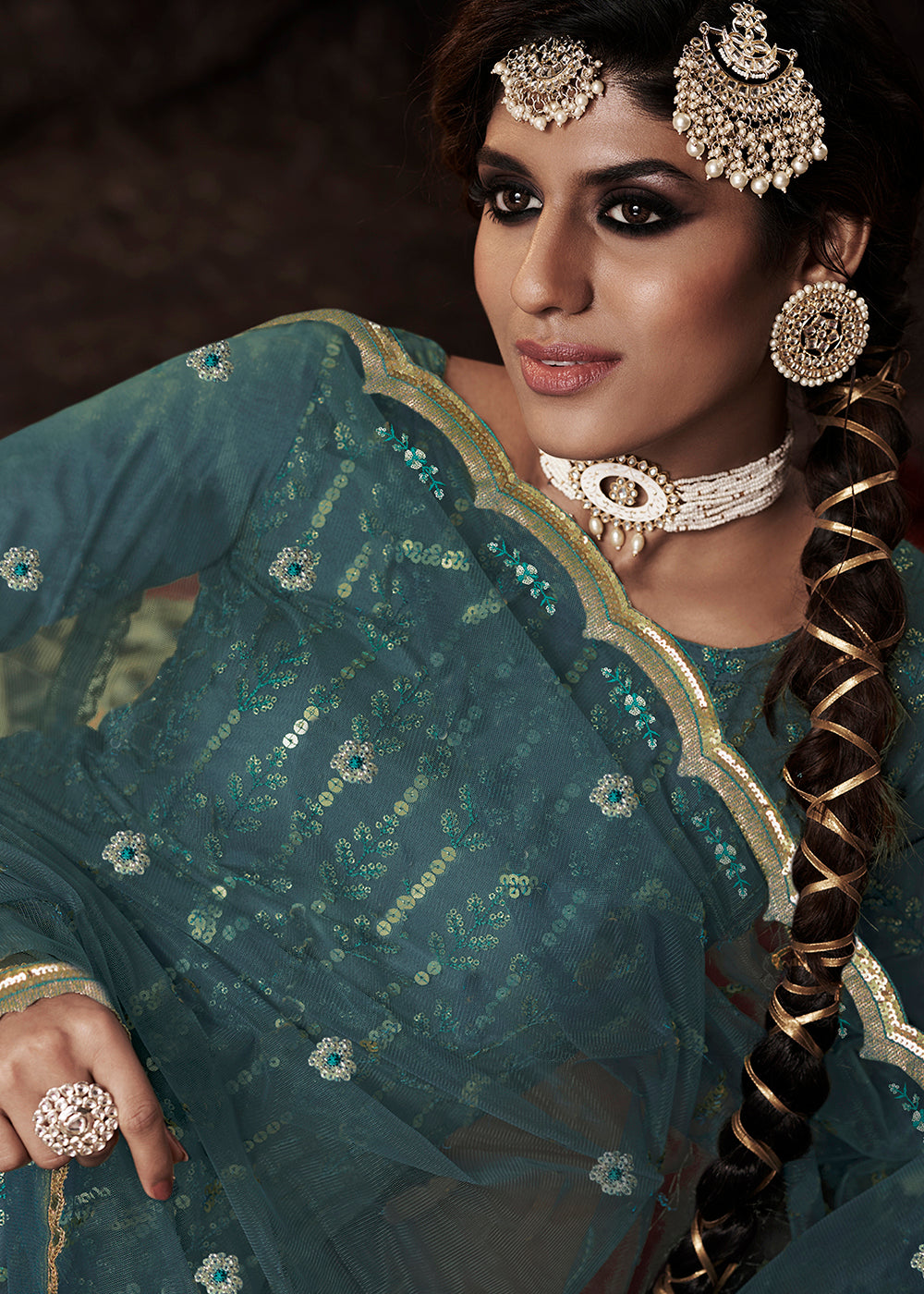 Cyprus Green Designer Soft Net Sharara Suit with Sequin work By Qivii