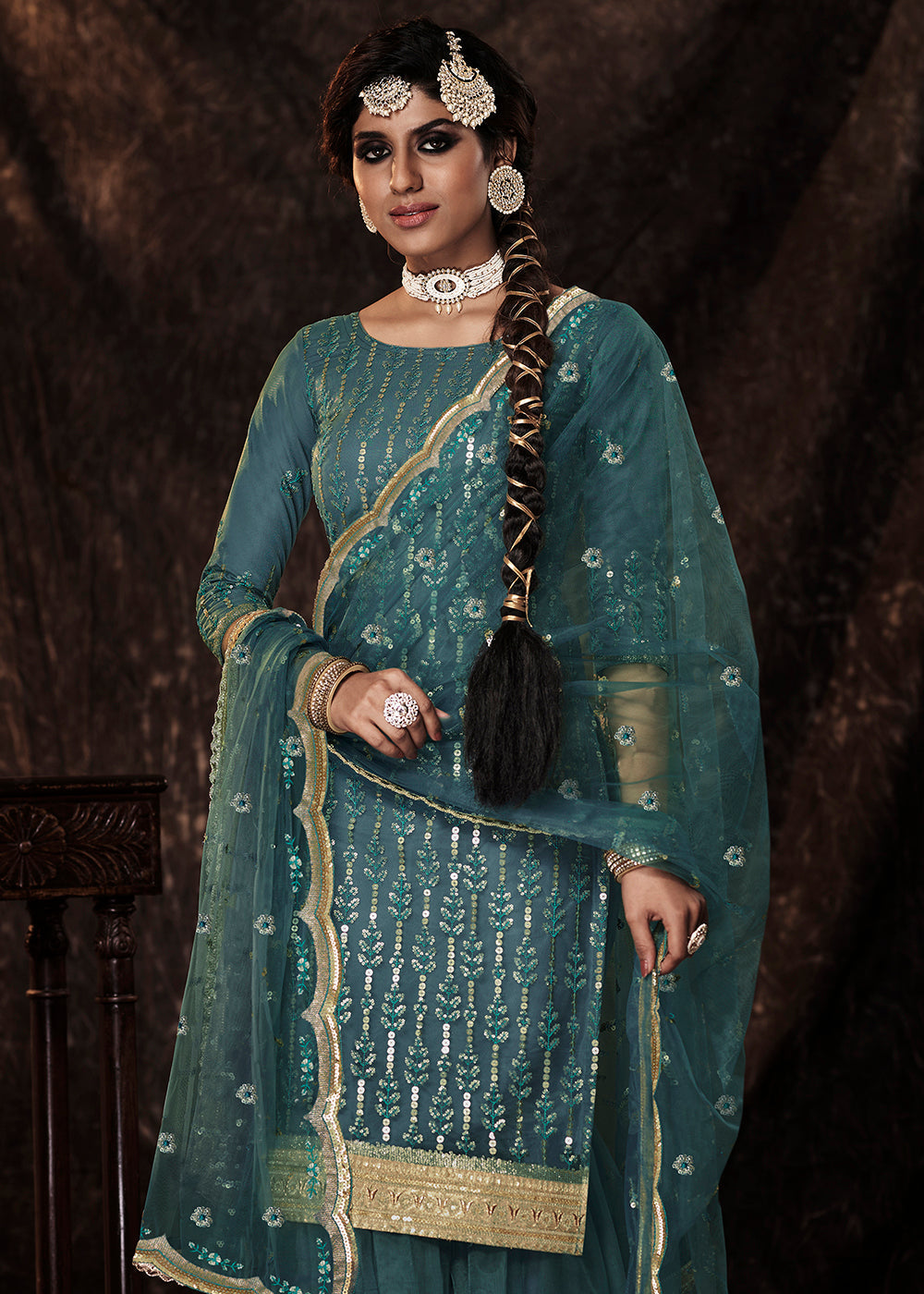 Cyprus Green Designer Soft Net Sharara Suit with Sequin work - qivii