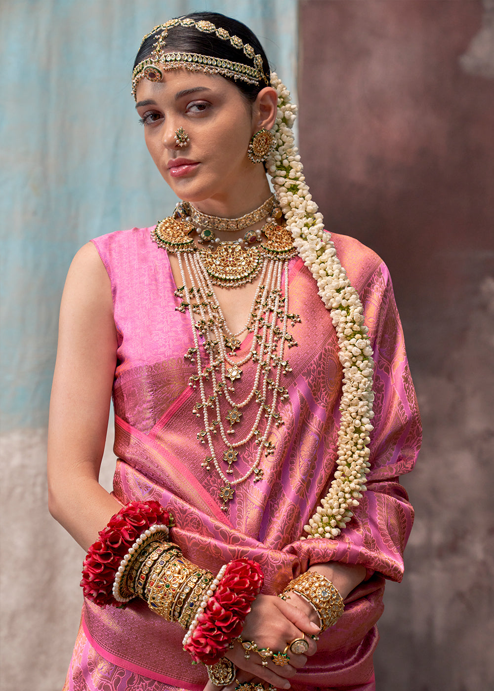 Cream Pink Two Tone Kanjivaram Silk Saree Embellished with Intricate Gold Zari work - qivii