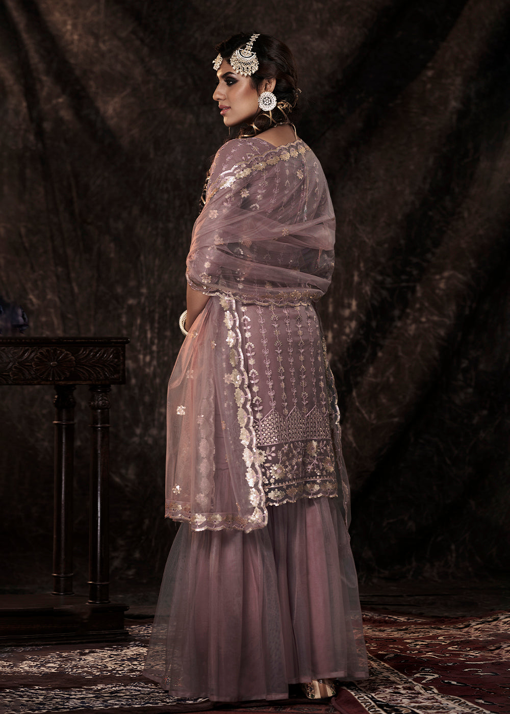Plum Purple Designer Soft Net Sharara Suit with Sequin work - qivii