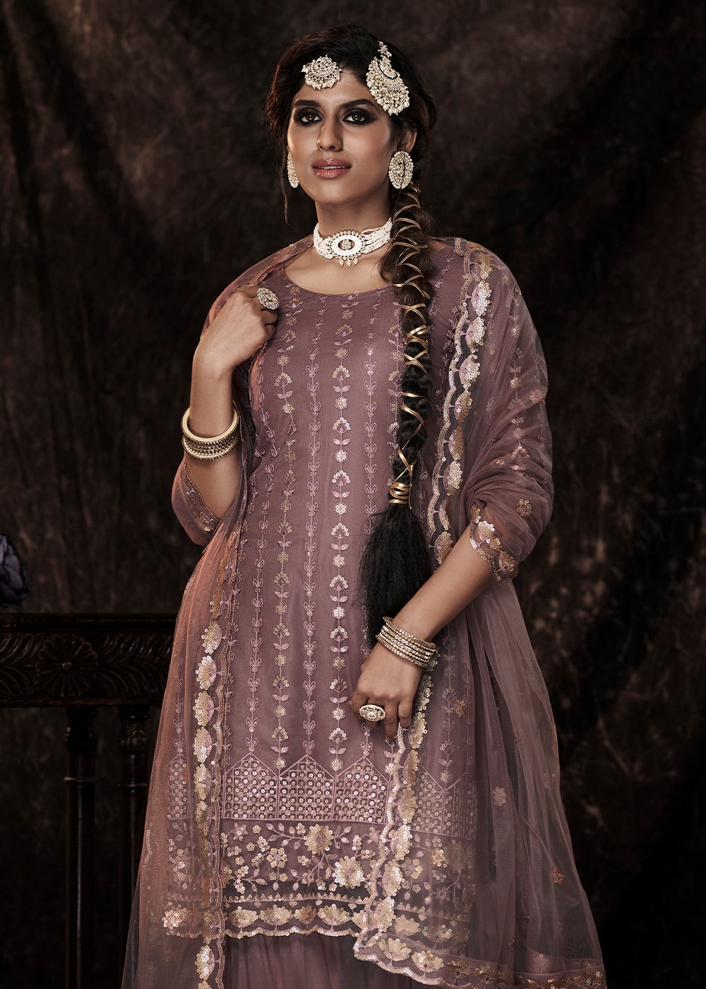 Plum Purple Designer Soft Net Sharara Suit with Sequin work - qivii