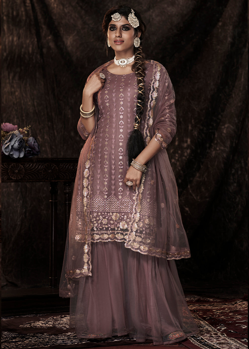 Plum Purple Designer Soft Net Sharara Suit with Sequin work - qivii