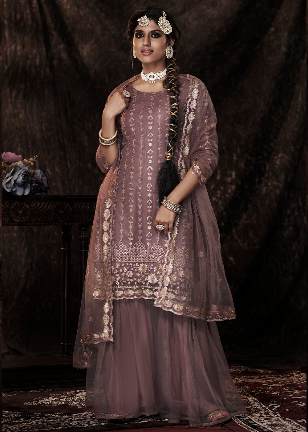 Plum Purple Designer Soft Net Sharara Suit with Sequin work By Qivii