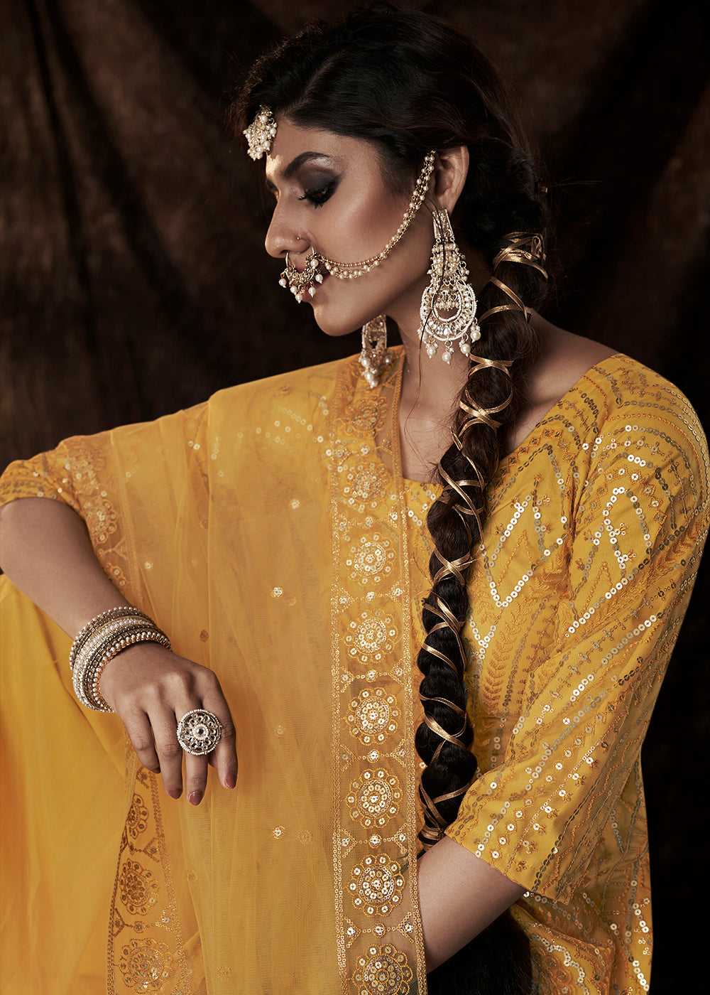 Golden Yellow Designer Soft Net Sharara Suit with Sequin work - qivii