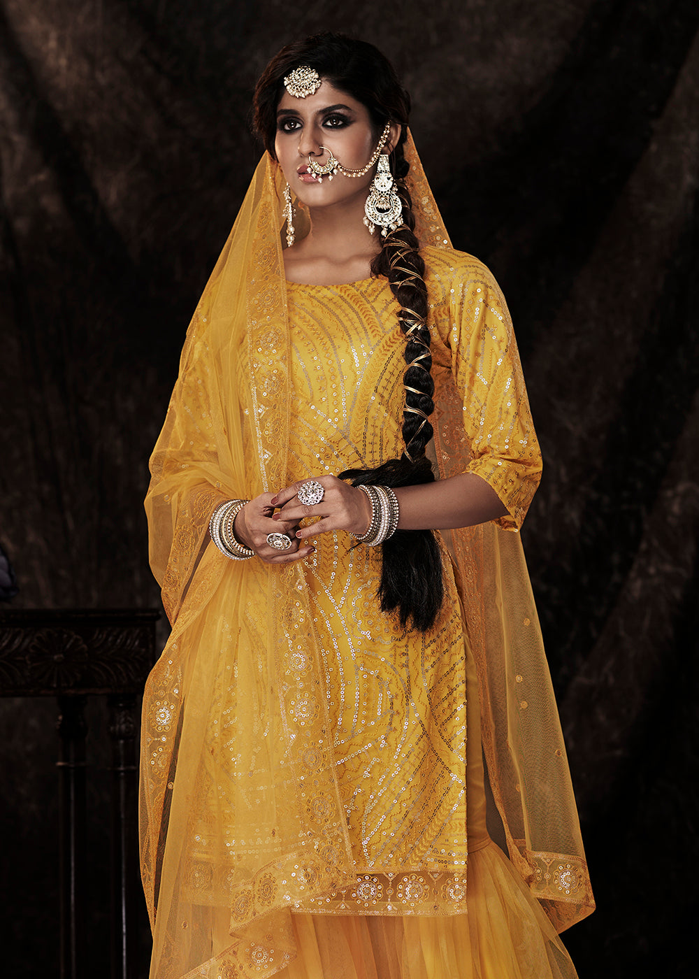 Golden Yellow Designer Soft Net Sharara Suit with Sequin work - qivii