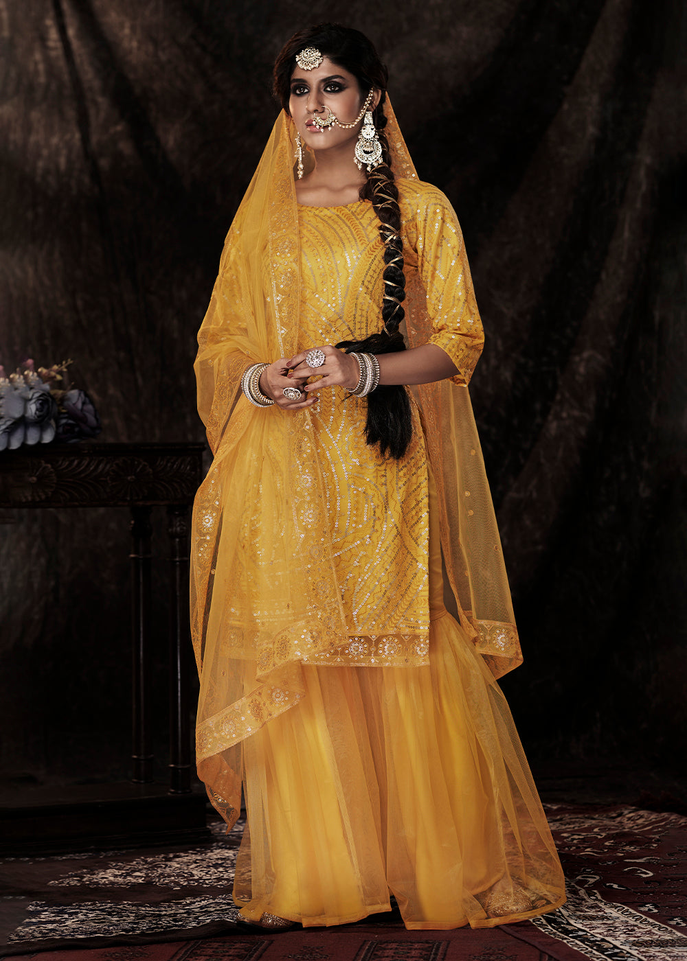 Golden Yellow Designer Soft Net Sharara Suit with Sequin work - qivii